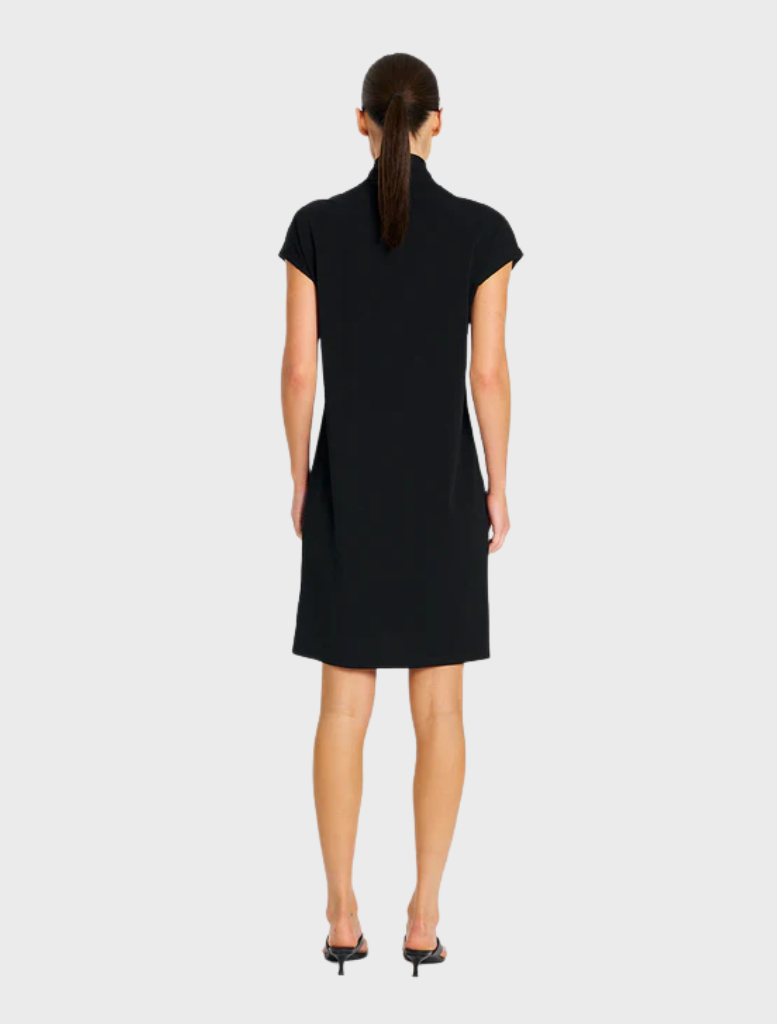 A sleek black dress with short sleeves, emphasizing a modern look.