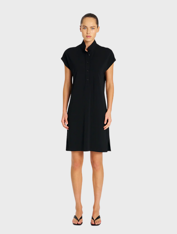 A black dress featuring short sleeves, showcasing a simple and elegant design.