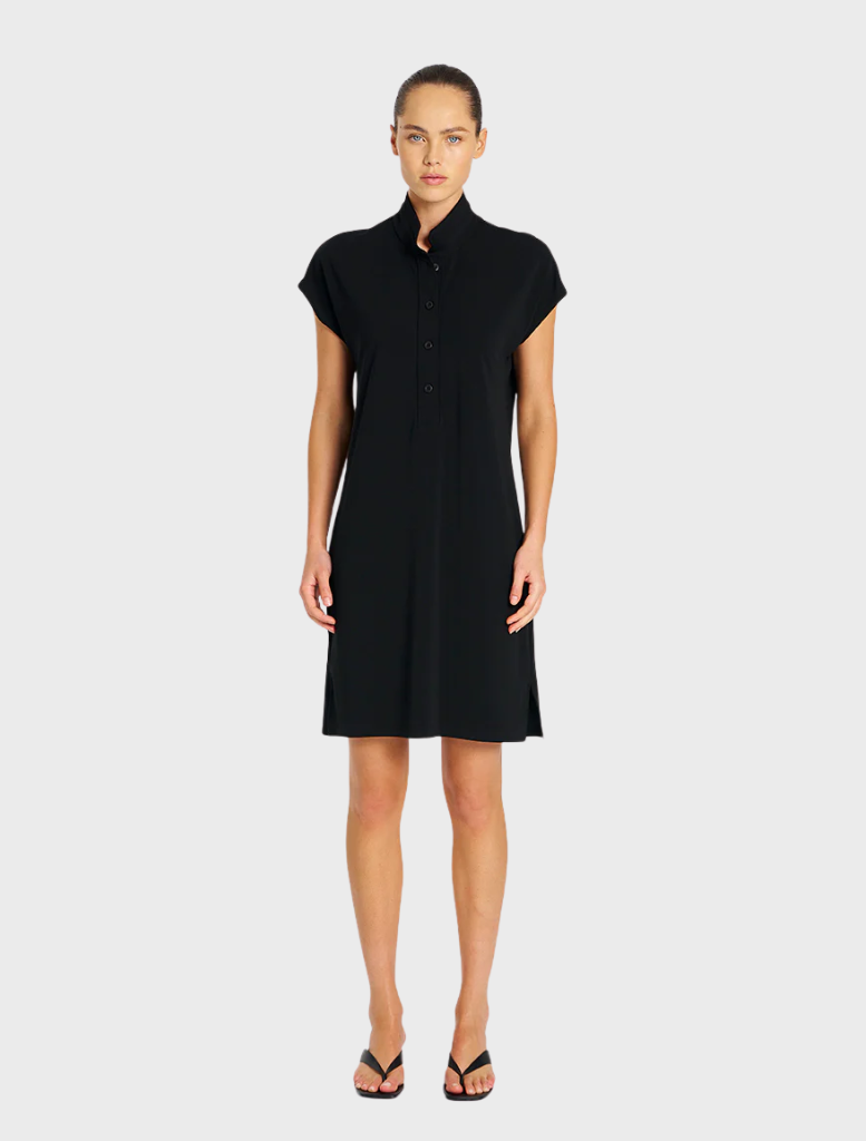 A black dress featuring short sleeves, showcasing a simple and elegant design.