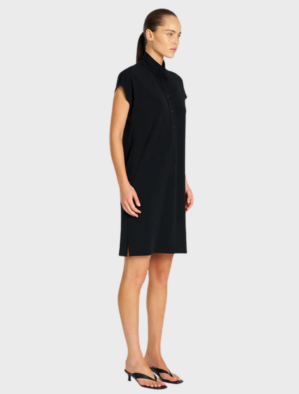 Short-sleeved black dress, highlighting a classic and stylish silhouette.