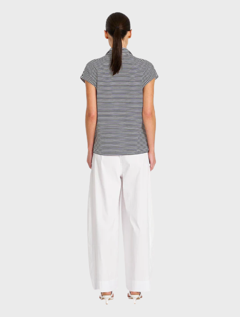 Striped Henley tank top in marine and white, highlighting a relaxed fit and versatile style for warm weather wear.