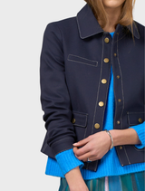 Stylish navy highlight jacket designed for comfort and versatility in various settings.