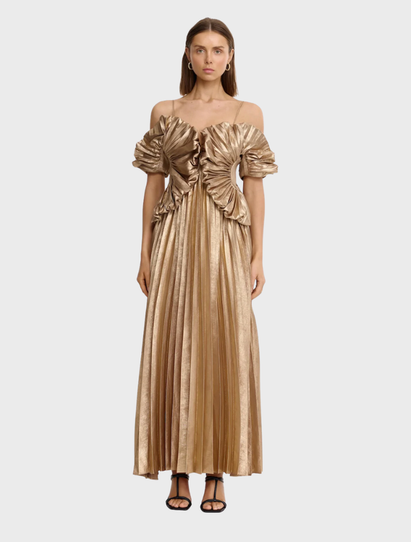 Elegant gold Hillsome maxi dress with a flowing silhouette, perfect for formal occasions or summer events.