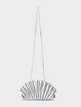 Hollie pleated clutch in silver, a chic accessory for enhancing evening attire and formal looks.
