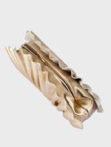 Gold pleated clutch bag by Hollie, featuring a stylish design suitable for formal occasions.