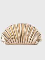 Gold pleated clutch bag by Hollie, featuring a stylish design suitable for formal occasions.