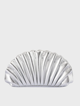 Silver pleated clutch bag by Hollie, featuring a stylish design suitable for formal occasions.