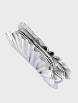 Silver pleated clutch bag by Hollie, featuring a stylish design suitable for formal occasions.