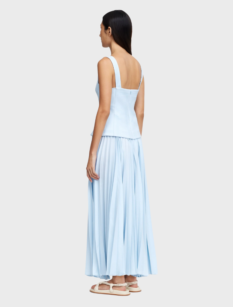 Hollinshill maxi dress in baby blue, showcasing a graceful design suitable for both casual and formal settings.