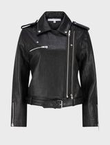 Close-up of a black Hudson leather biker jacket, highlighting its zippers and textured leather material.