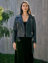Black Hudson leather biker jacket displayed on a hanger, showcasing its sleek design and classic style.
