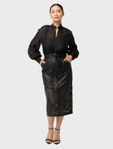 Black leather midi skirt with a hypnotic lattice design, custom laser-cut for a unique and stylish look.