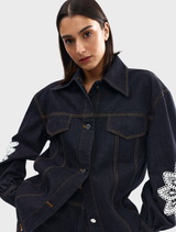 Stylish Bowie jacket in indigo denim with a unique lace plaid pattern, perfect for contemporary fashion.