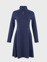  Indigo sporty dress with stand-up collar, zip pockets, long sleeves, and sparkly stitching; versatile for various occasions.