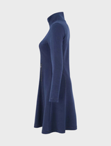 Stylish indigo dress with a quarter zip, long sleeves, and vertical sparkly stitching; ideal for transitioning from day to night.