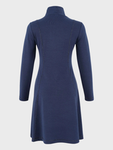 French navy dress featuring a mock neck, zip detail, long sleeves, and functional pockets; perfect for casual or dressy wear.