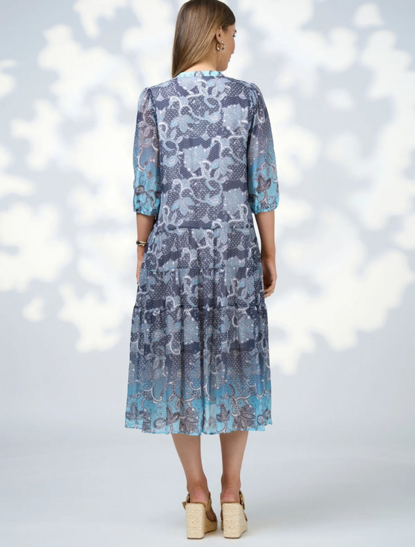 Lightweight blue and grey floral dress, the Stevie Midi Dress in indigo multi, perfect for warm weather.