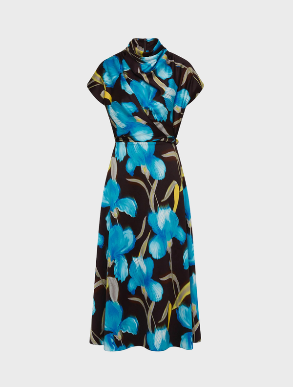 Blue iris floral print Ingrid midi dress, featuring a fitted bodice and flowing skirt, perfect for spring or summer occasions.
