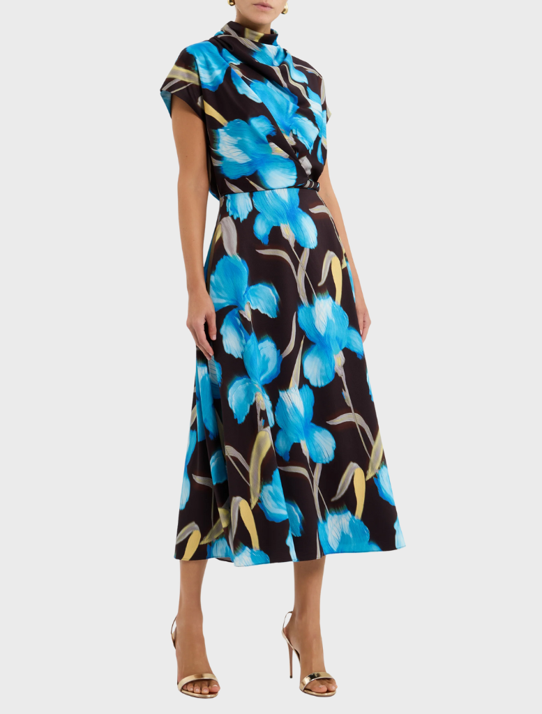 Elegant Ingrid midi dress with a blue iris floral print, designed with a fitted bodice and a graceful, flowing skirt.