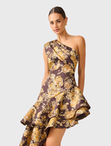 Elegant brown and gold floral midi dress featuring an asymmetrical neckline, one shoulder, and a tiered high-low hem design.