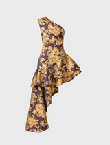 Brown and gold floral Irisa Asymmetrical Maxi Dress with one shoulder, tuck detailing, and a flowing high-low hem.