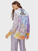 Isabel shirt showcases sacred geometry and mystical eye designs, with bold empowering text in gold and orange colors.
