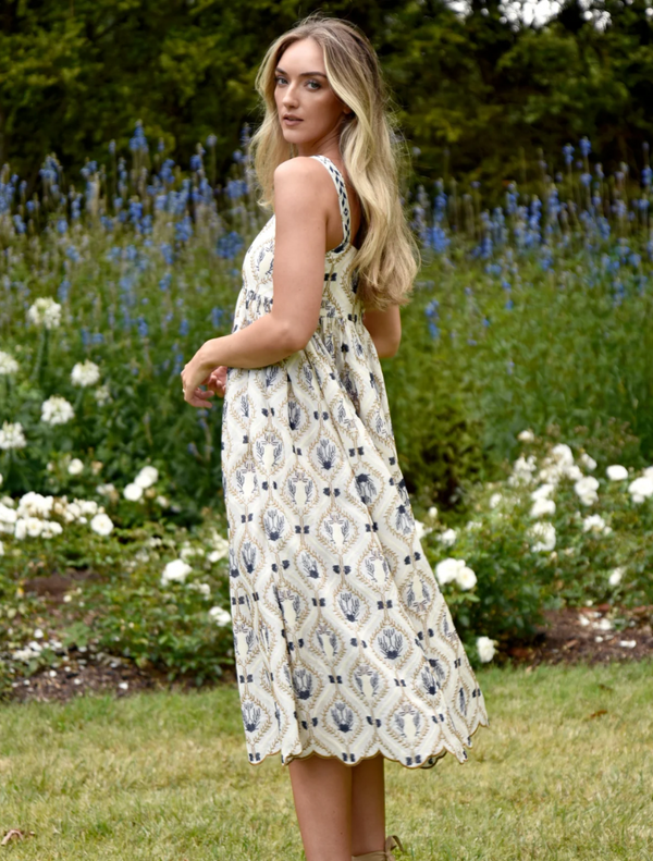 The model showcases a blue and white floral print dress, highlighting its delicate patterns and stylish fit.