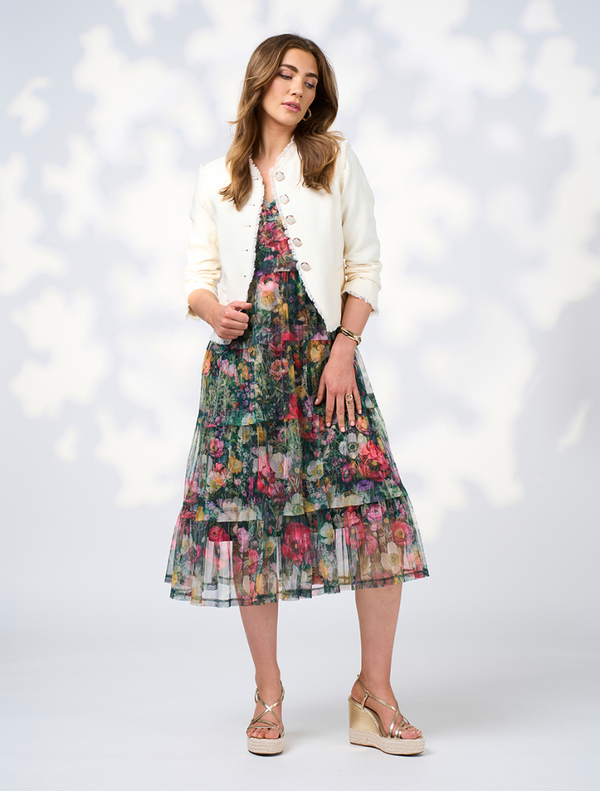 The "Looking Glass Tulle Dress - Ivy Multi" showcases a lively floral print fabric, perfect for spring or summer occasions.