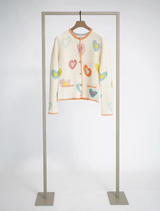 Multi-colored floral cardigan made from wool and cashmere blend, featuring a round neckline and long sleeves for classic style.
