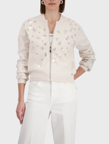 Champagne beige jacket with intricate jewelry detailing, showcasing a stylish and elegant design for formal occasions.
