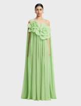 Elegant floor-length dress in juniper green, featuring a draped design for a sophisticated look.
