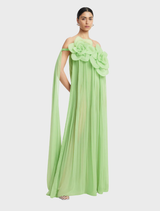 Sophisticated draped floor-length dress in juniper green, ideal for evening events and special occasions.