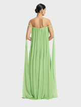 Floor-length dress in juniper green, showcasing a graceful draped design for an elegant appearance.