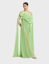 Juniper green floor-length dress with a stylish draped silhouette, perfect for formal occasions.