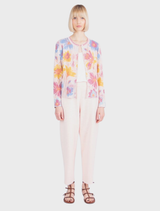 Light pink jacquard cardigan with a floral pattern, made from a viscose-cotton blend, featuring large painterly blossoms.