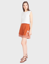 Jacquard shorts featuring an urban botanic pattern in a nougat color, showcasing a modern and stylish design.