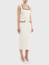 Cream Jacquie Midi Dress with wide straps, self-belt, pencil skirt, and contrasting trim, designed for a feminine silhouette.