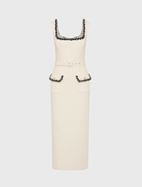 Cream Jacquie Midi Dress featuring a square neckline, wide straps, fitted bodice, and pencil skirt with back split and self-belt.