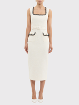 Elegant cream midi dress with square neckline, fitted bodice, back split skirt, and pearl buttons, perfect for versatile styling.