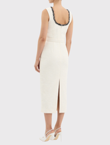 Cream Jacquie Midi Dress featuring a square neckline, wide straps, fitted bodice, and pencil skirt with back split and self-belt.