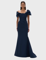 Elegant navy jade gown with a flowing silhouette, perfect for formal occasions and evening events.