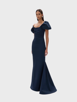 Stunning navy jade gown with a graceful fit, designed for elegance at formal occasions and evening wear.
