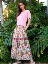 Jaffna Skirt in bone multi features a tiered silhouette with gathered layers and contrast print panels for added character.