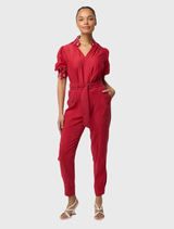 Dahlia Red Jardin Blouse, showcasing a lightweight cotton-silk blend, embroidered detailing, and a relaxed silhouette.
