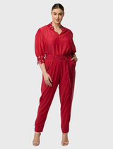 Jardin Blouse in Dahlia Red, crafted from cotton-silk blend, includes a detachable cami and features embroidered accents.