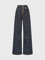 Denim flares with a high rise, stretch fabric, and unique hardware, blending comfort and style in the Elsewhere Palace collection.