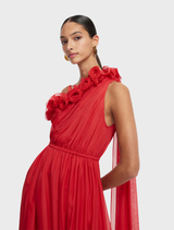Striking scarlet maxi dress with a one shoulder cut, perfect for making a statement at formal events.