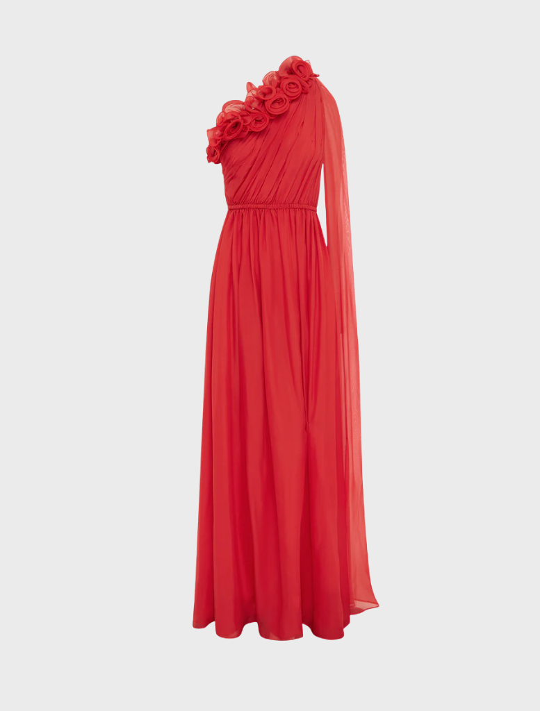 Fashionable one shoulder maxi dress in bold scarlet, designed for a sophisticated look at any event.