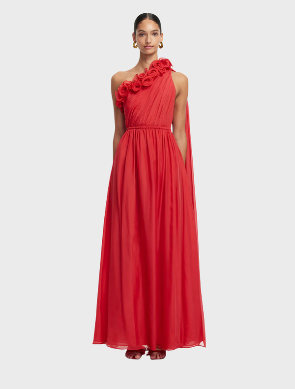 Elegant scarlet maxi dress with one shoulder design, perfect for formal occasions or summer events.
