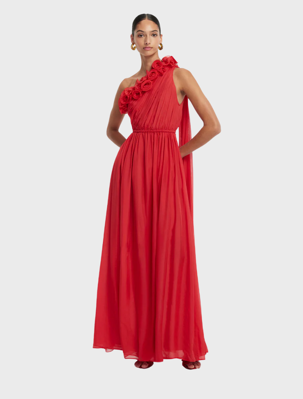 Stylish one shoulder maxi dress in vibrant scarlet, ideal for evening wear or special occasions.